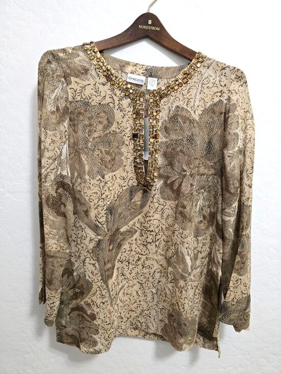 Chico's Tops - Chicos Size 0 Gold Glam Tunic Beaded Neckline Floral Long Sleeve 100% Silk